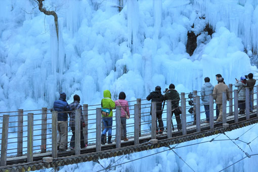 尾ノ内沢にかかる吊り橋と氷柱